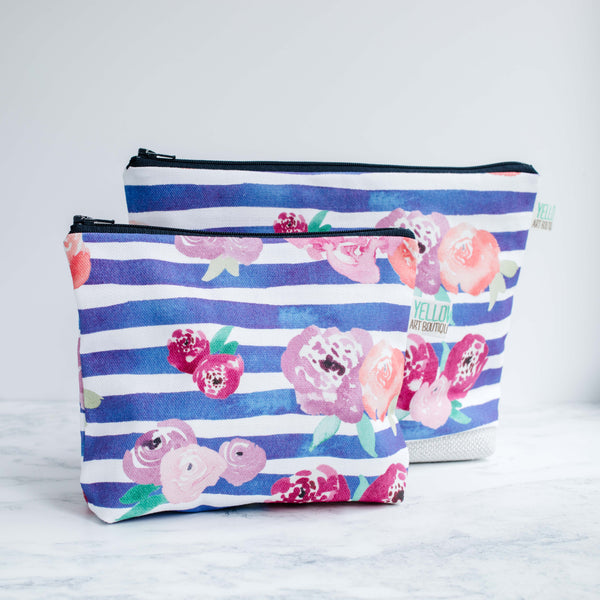 Floral Blue Stripe Wash Bag - Yellowstone Art Boutique