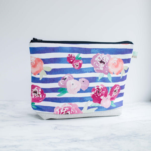 Floral Blue Stripe Wash Bag - Yellowstone Art Boutique