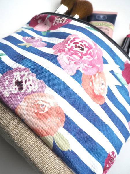 Floral Blue Stripe Wash Bag - Yellowstone Art Boutique