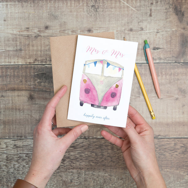 Mrs & Mrs Pink Campervan Wedding Day Card - Yellowstone Art Boutique