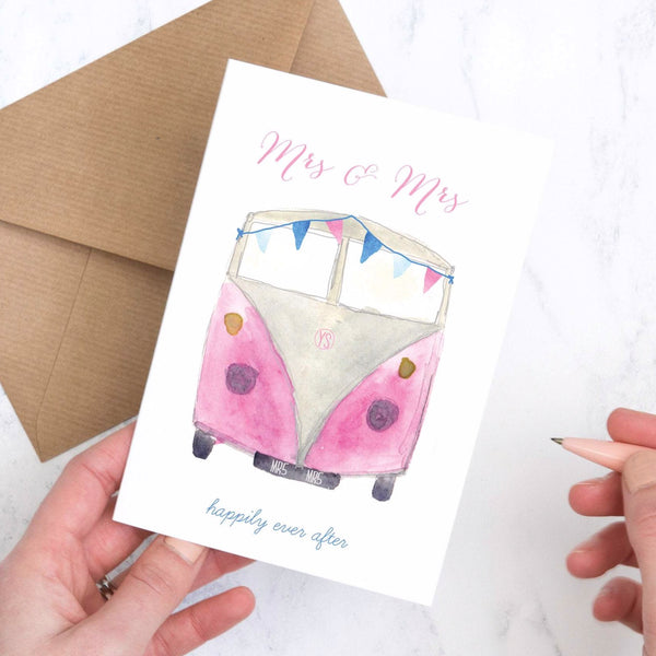 Mrs & Mrs Pink Campervan Wedding Day Card - Yellowstone Art Boutique