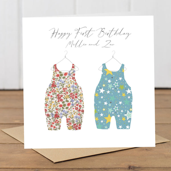 Personalised Twins Dungarees Birth or Birthday Card