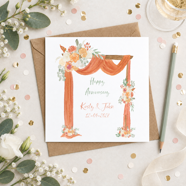 Personalised Orange Autumn Flower Archway Wedding Anniversary Greetings Card