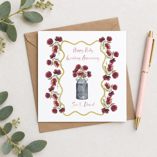 Ruby Wedding Anniversary Flowers in Milk Churn Personalised Card
