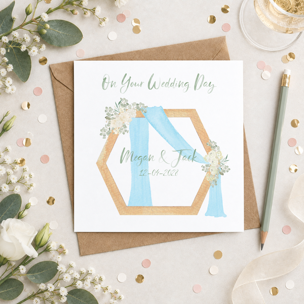 Personalised Blue Wedding Wooden Hexagon Arch Greetings Card