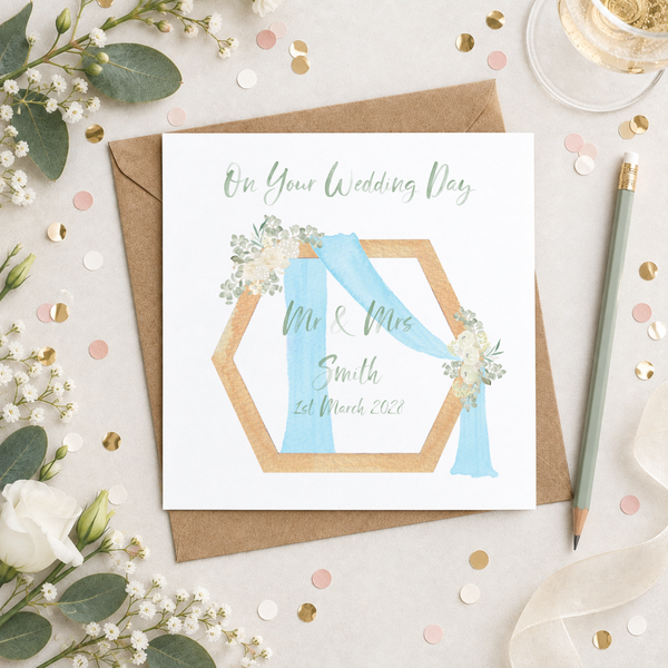 Personalised Blue Wedding Wooden Hexagon Arch Greetings Card