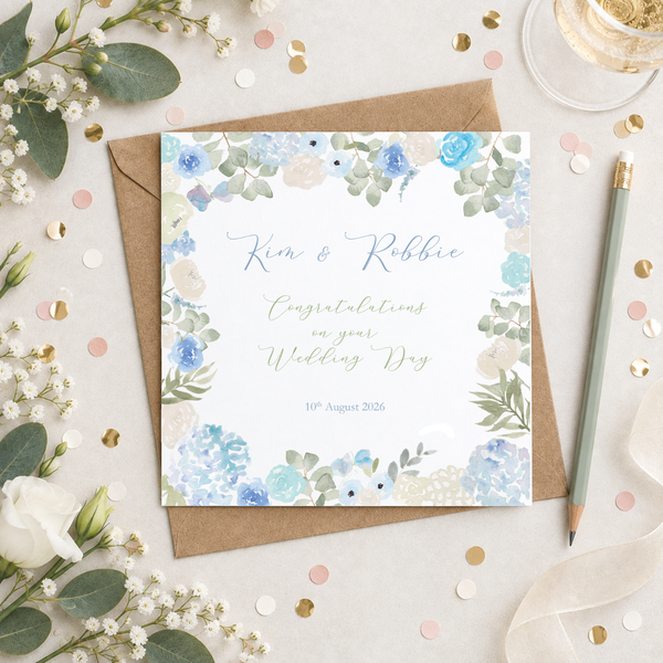 Personalised Pastel Blue Flowers Wedding Day Greetings Card