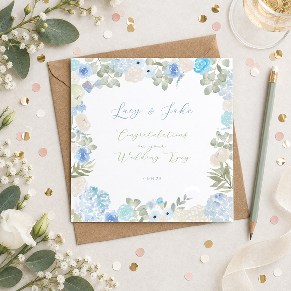 Personalised Pastel Blue Flowers Wedding Day Greetings Card