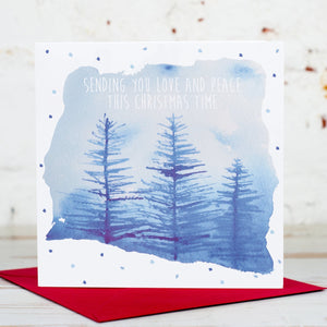 Sending Love and Peace Blue Trees Christmas Card