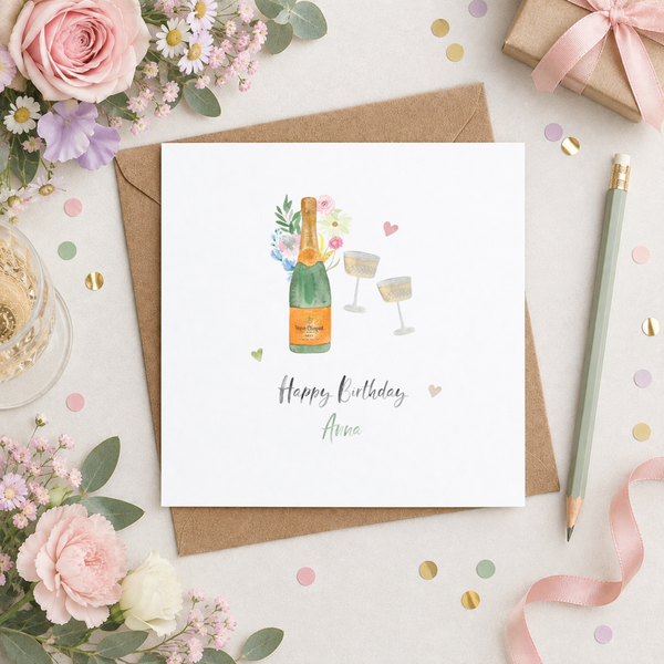 Champagne & Flowers Personalised Birthday Card