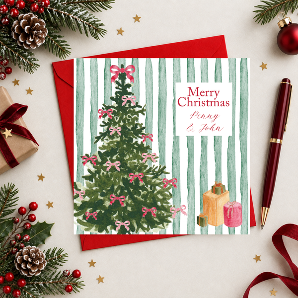 Christmas Bow Tree Stripe Personalised Card