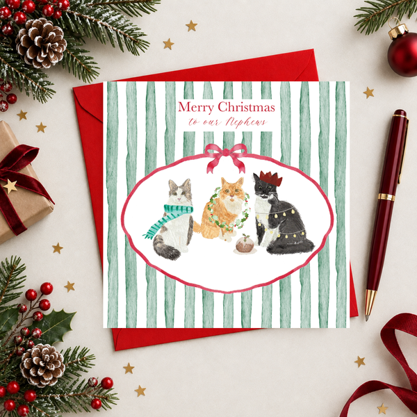 Christmas Stripe Cats Personalised Card