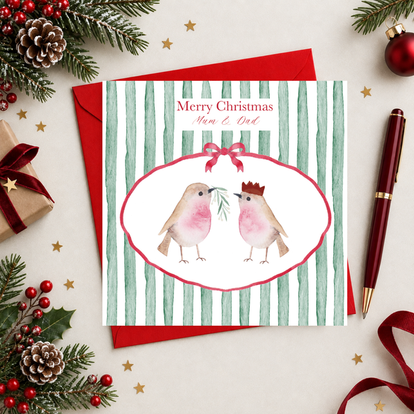 Christmas Stripe Two Robins Personalised Card
