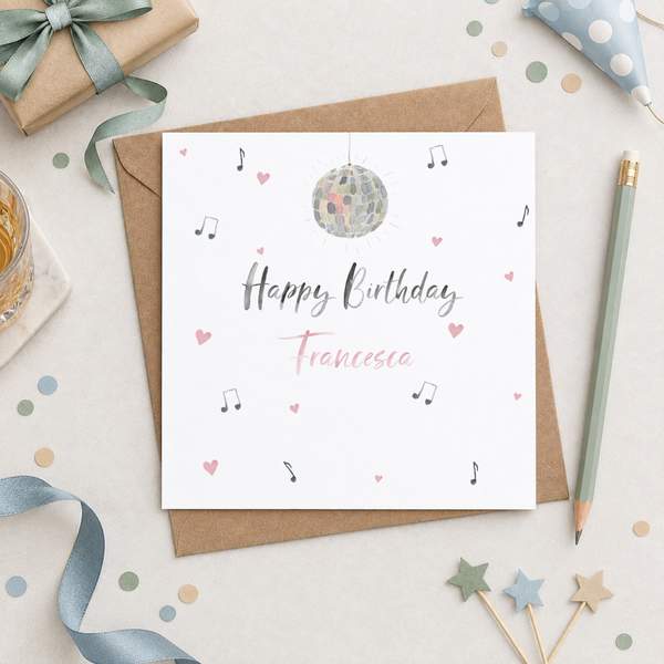 Personalised Disco Ball Music Notes Birthday Card