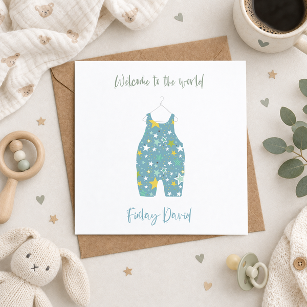 Personalised Name Welcome to the world Baby Boy Dungarees Card - Yellowstone Art Boutique