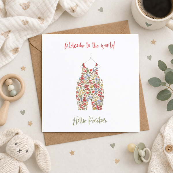 Personalised Name Welcome to the world Baby Girl Dungarees Card - Yellowstone Art Boutique