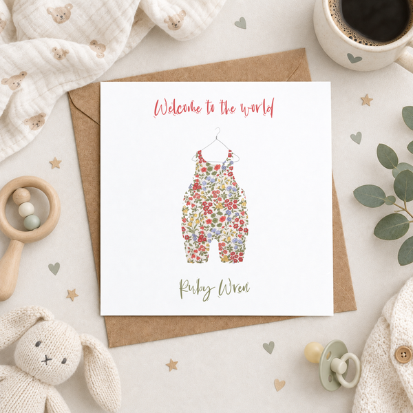 Personalised Name Welcome to the world Baby Girl Dungarees Card - Yellowstone Art Boutique