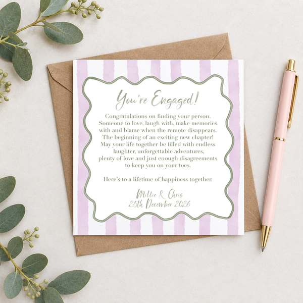 You're Engaged Sentimental Verse Personalised Wavy Striped Card