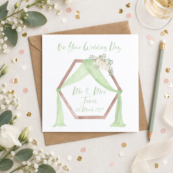 Personalised Green Hexagon Flower Archway Wedding Day Greetings Card