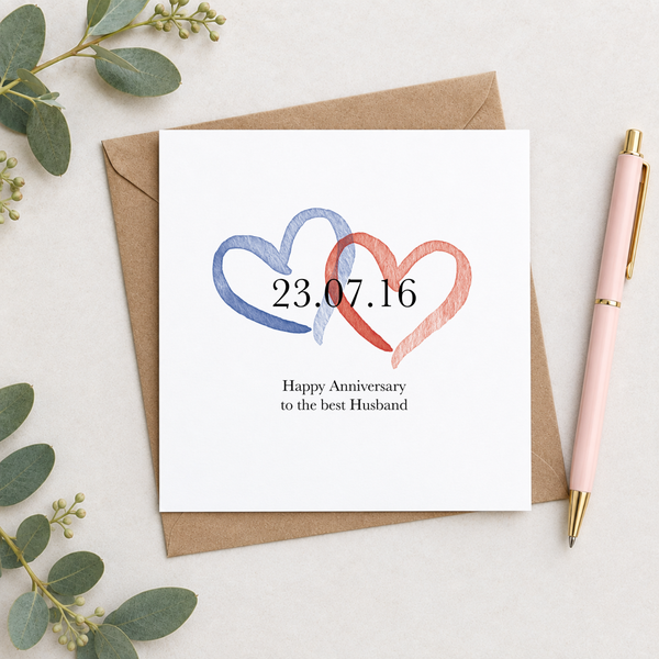 Hearts & Date Personalised Anniversary, Wedding or Engagement Card