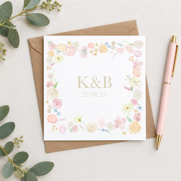 Initials & Date Flower Border Personalised Anniversary, Wedding Engagement Card