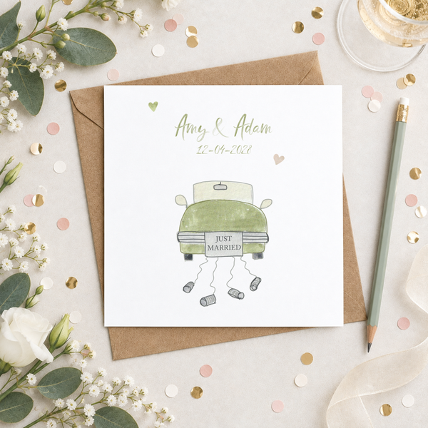 Personalised Green Just Married Car Wedding Day Greetings Card