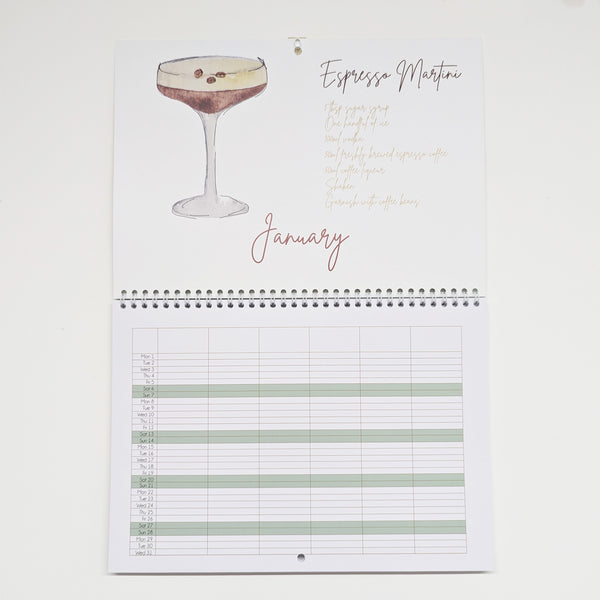 2024 Watercolour Cocktail Recipe Family Organiser Wall Calendar