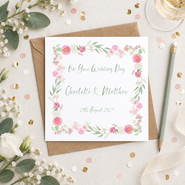 Personalised Pink Flowers Floral Border Wedding Day Greetings Card - Yellowstone Art Boutique