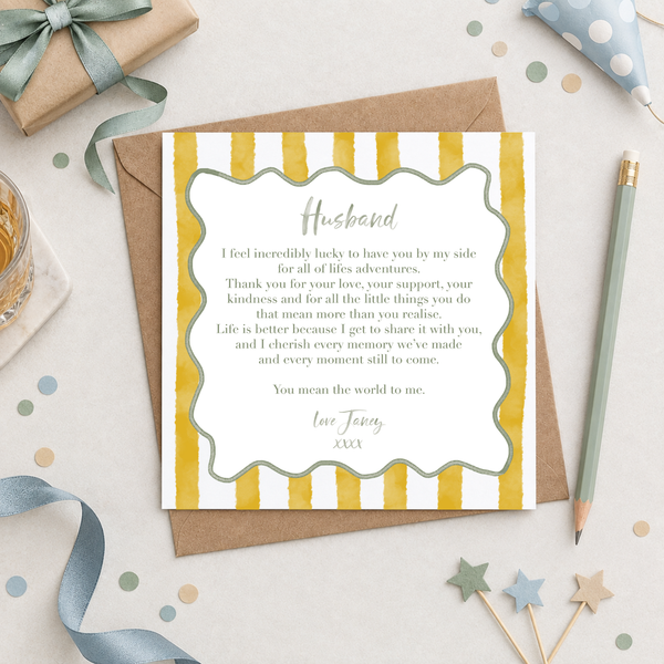 Husband Sentimental Heartfelt Verse Birthday Personalised Card Wavy Striped Pattern