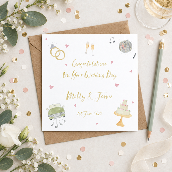 Personalised Wedding Day Icons Greetings Card