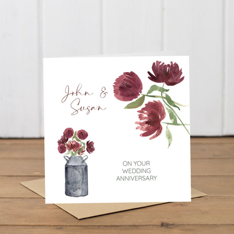 Personalised Red Burgundy Flowers Anniversary or Any Occassion Card