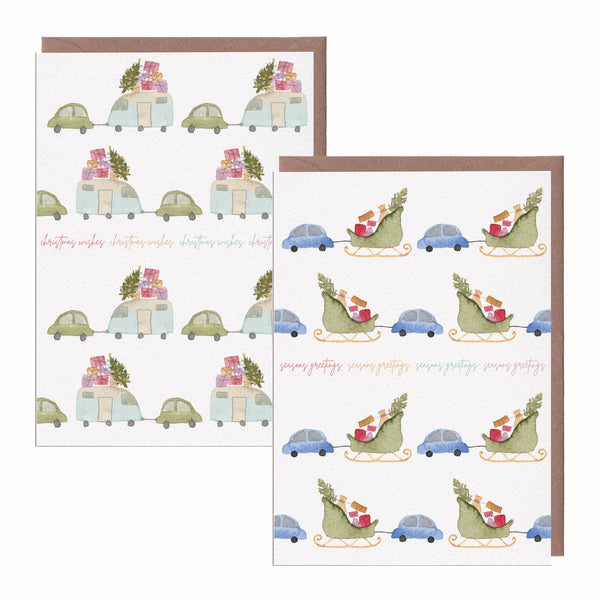 Car Caravan & Sleigh Christmas Card Pack - Yellowstone Art Boutique