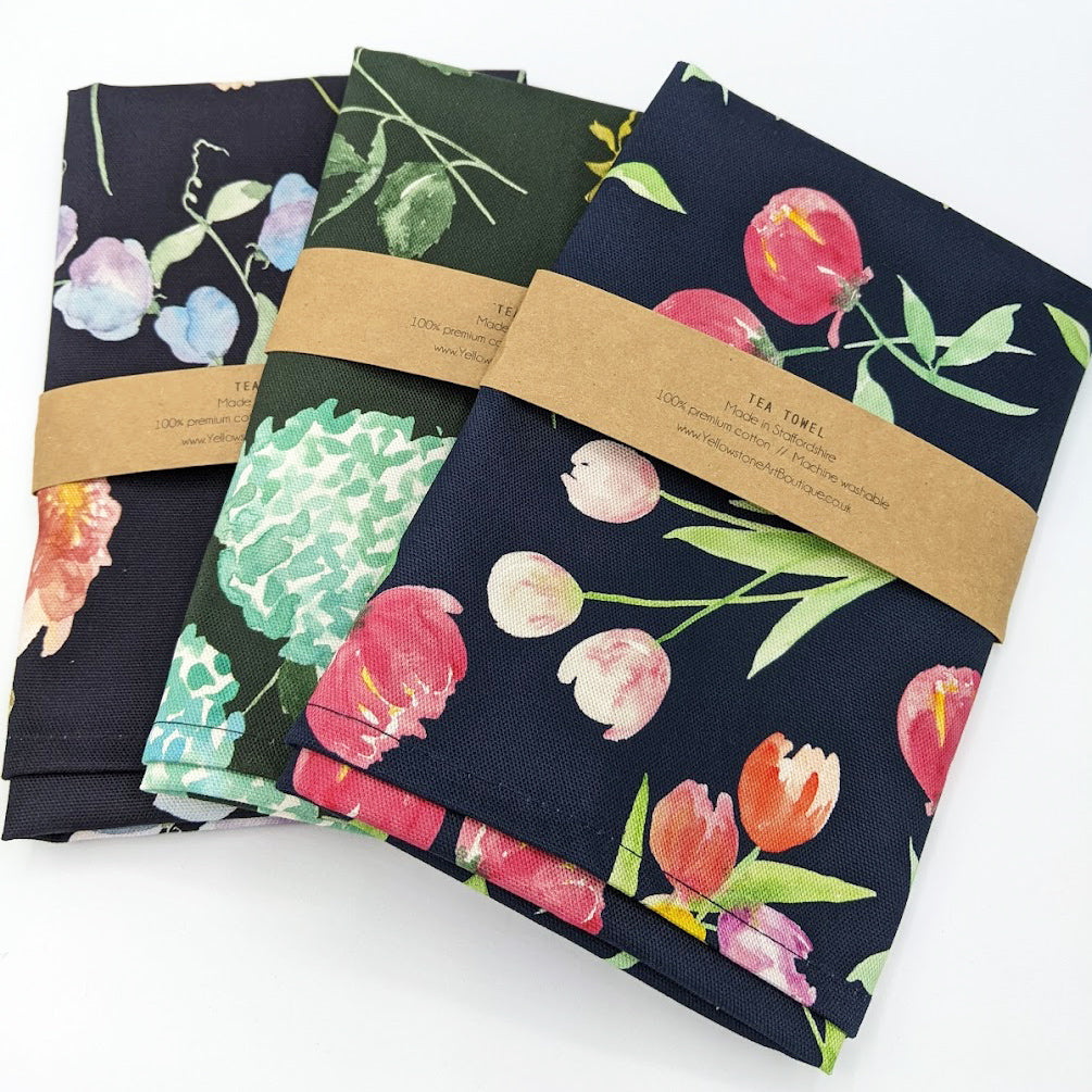 Trio of Dark Floral Tea Towels Bundle