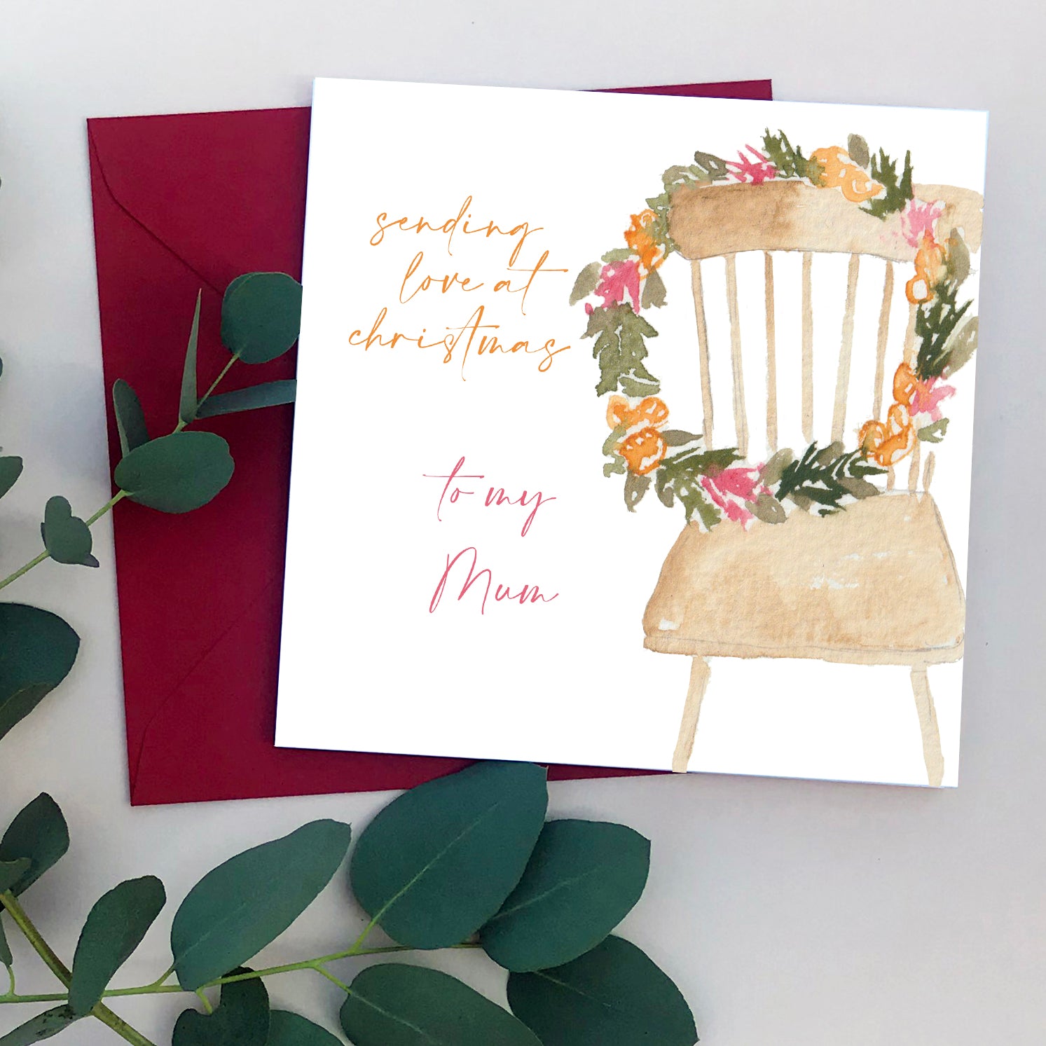 Orange & Berry Christmas Wreath on Chair Personalised Christmas Card