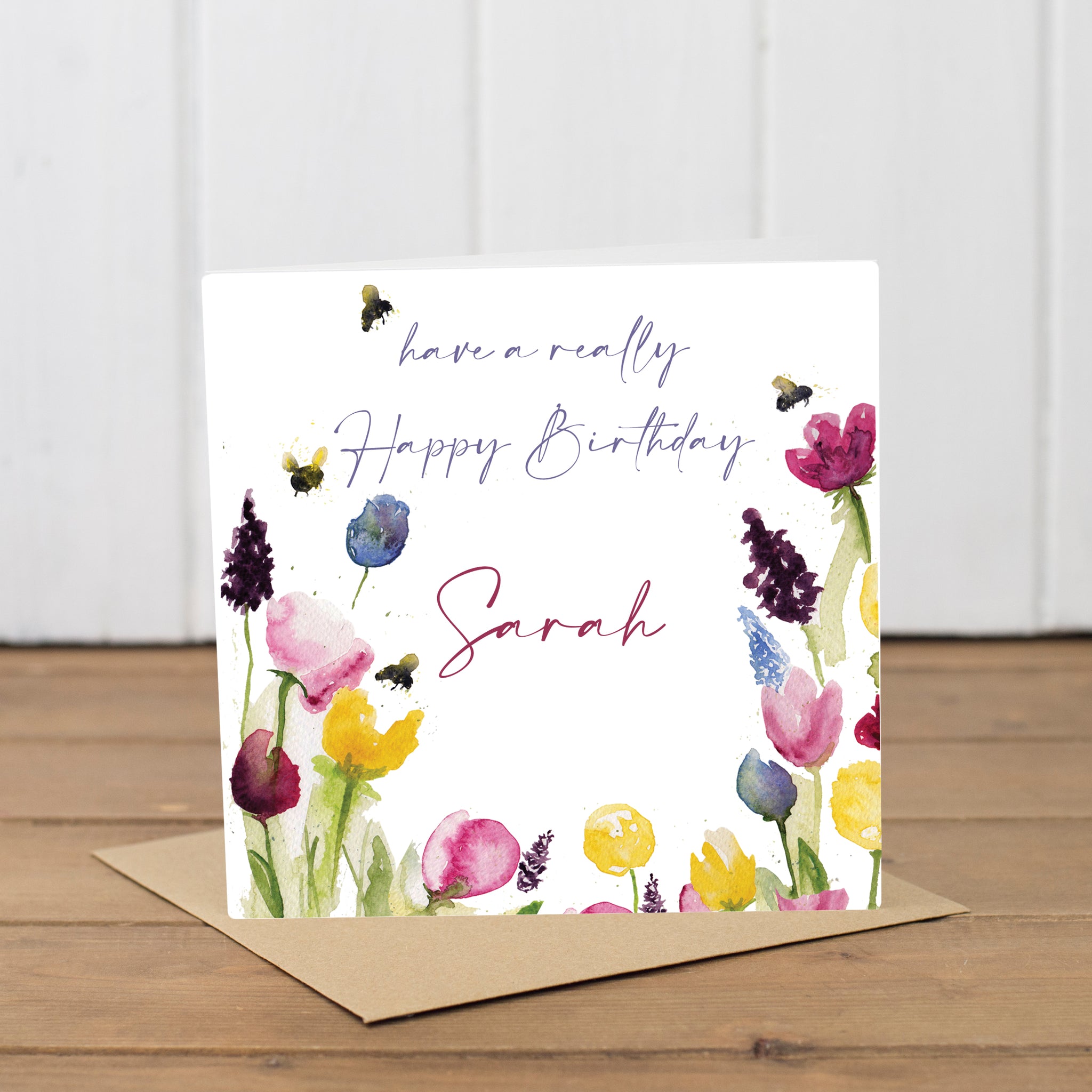 Personalised Flowers & Bee Birthday Card - Yellowstone Art Boutique