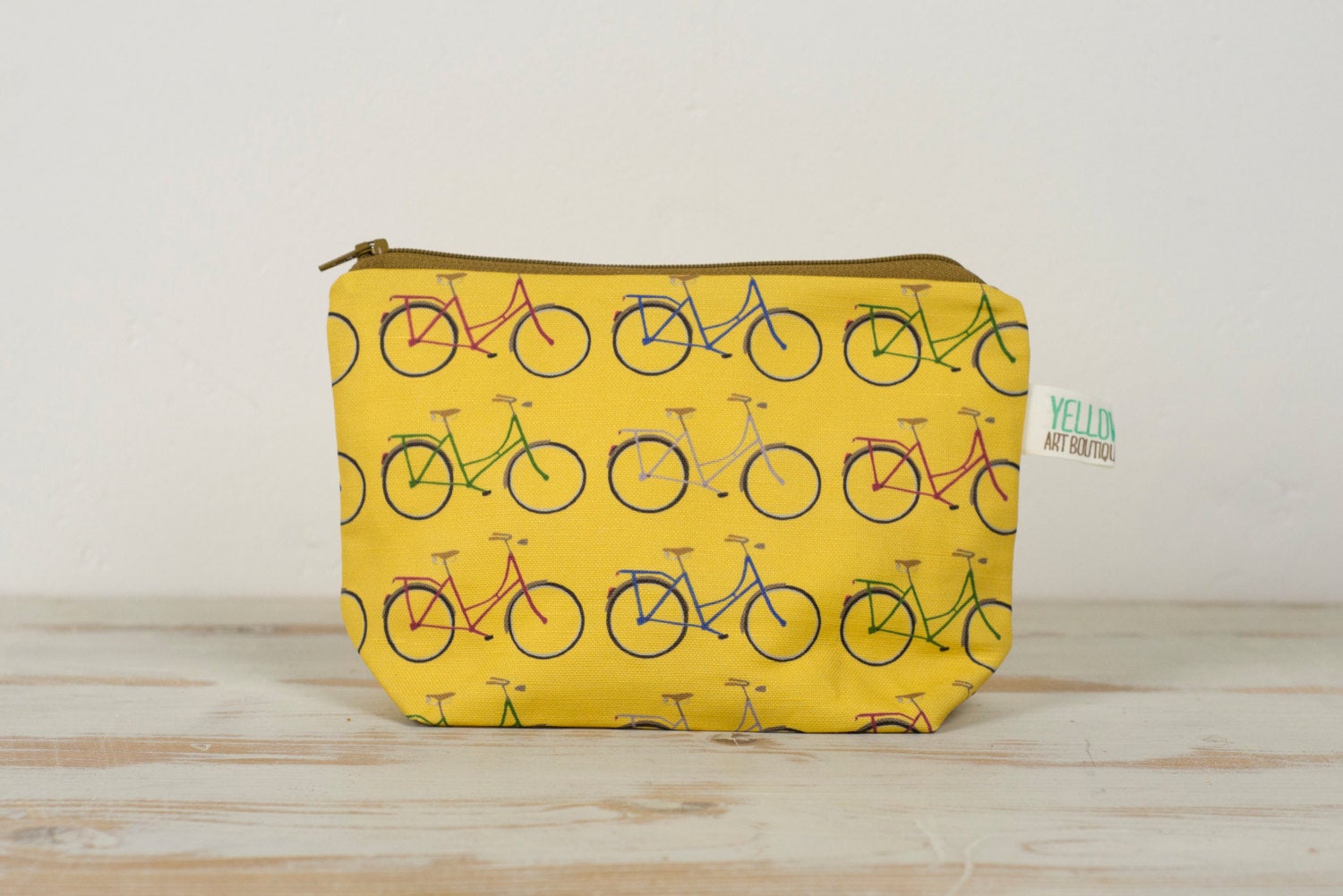 Mustard Yellow Bicycle Fabric Toiletry, Make Up Bag - Yellowstone Art Boutique